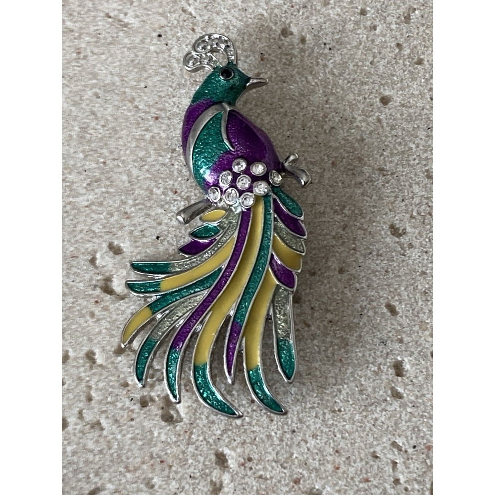 Colorful Peacock Brooch Purple Teal Yellow Enamel Rhinestone Silver Tone Novelty